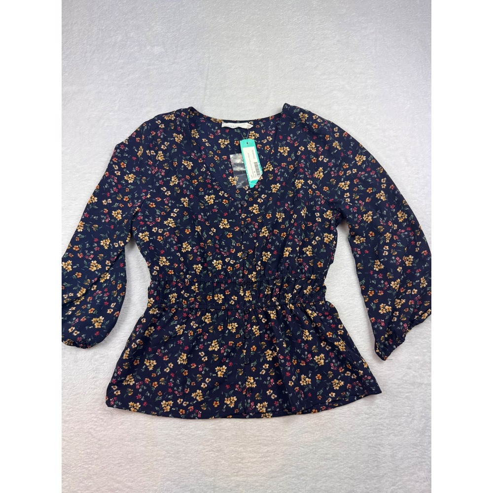 Lush Joyce Button Detail Peplum Blouse Navy Ditsy Floral V-Neck Top Medium NWT